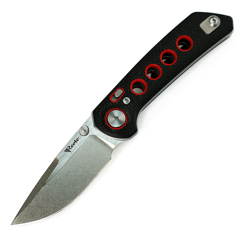 Reate PL-XT Pivot Lock Black Micarta Red G10 Stonewash